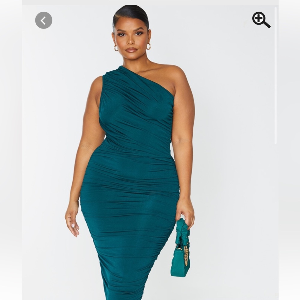 Emerald Green slinky ruched one shoulder Pretty Little Thing dress